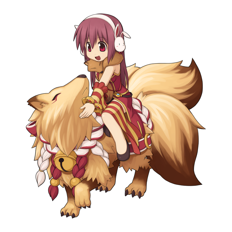 1girl animal_around_neck bell black_footwear brown_hair chibi detached_sleeves dress fox full_body hair_between_eyes jingle_bell kitsune long_hair medium_bangs multiple_tails official_art open_mouth petting professor_(ragnarok_online) rabbit_earmuffs ragnarok_online red_dress red_eyes red_sleeves riding shoes sidelocks simple_background sleeveless sleeveless_dress smile solo striped_sleeves tail transparent_background yellow_sleeves yuichirou