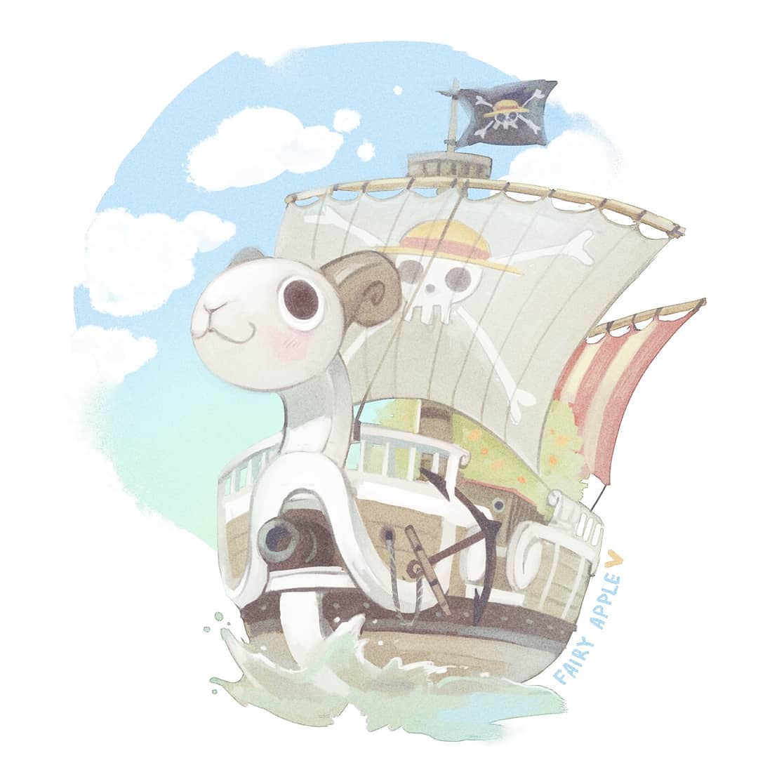 artist_name bad_source cannon cloud english_commentary fairyapple flag going_merry jolly_roger mast no_humans one_piece ship sky straw_hats_jolly_roger tree veil watercraft