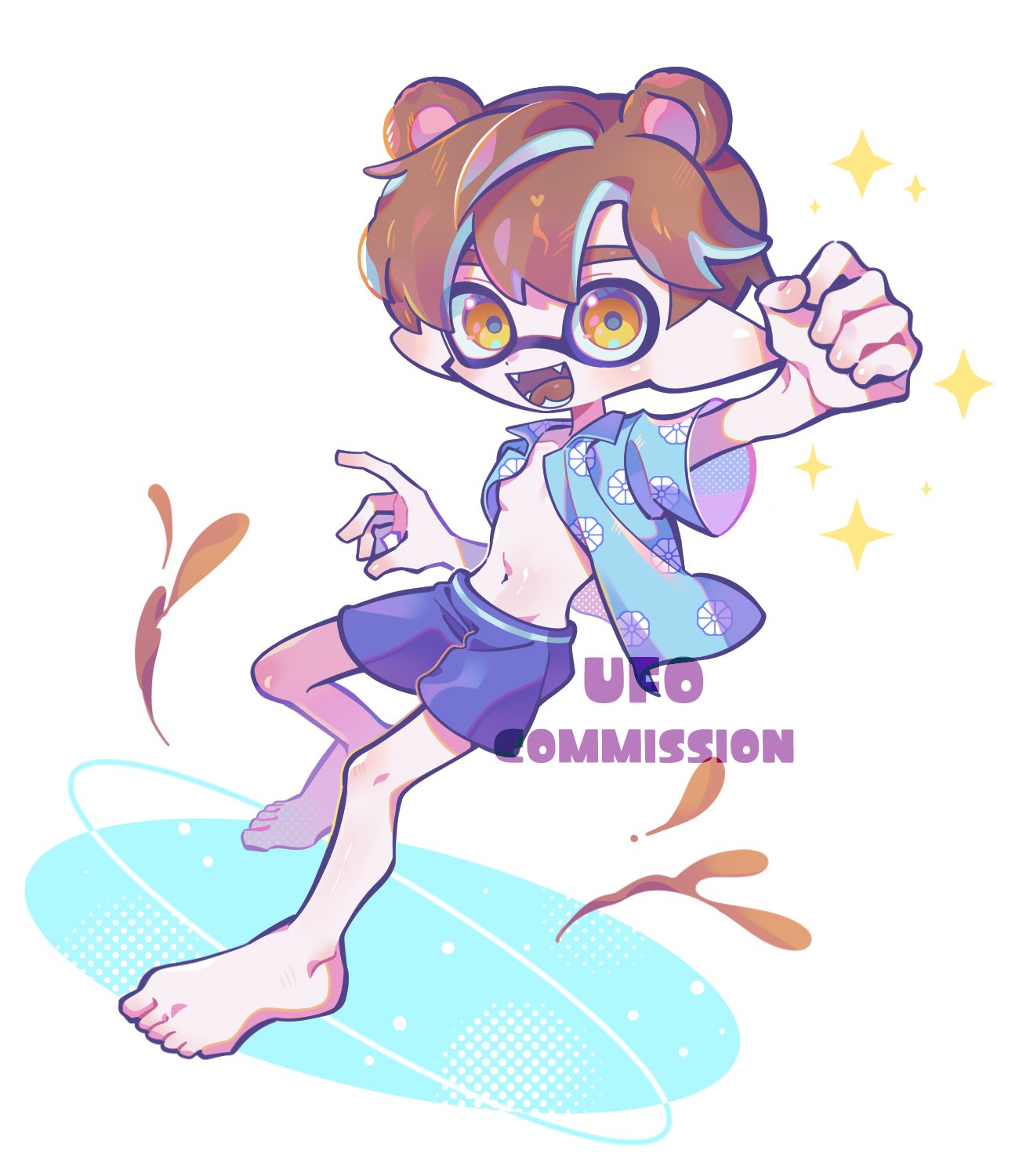 1boy animal_ears arm_up barefoot bear_boy bear_ears blue_shirt blue_shorts brown_hair commentary_request commission full_body highres inkling inkling_boy inkling_player_character korean_commentary male_focus navel no_eyewear open_clothes open_shirt print_shirt shirt short_hair shorts simple_background solo sparkle splatoon_(series) tentacle_hair ufo_sw watermark white_background yellow_eyes