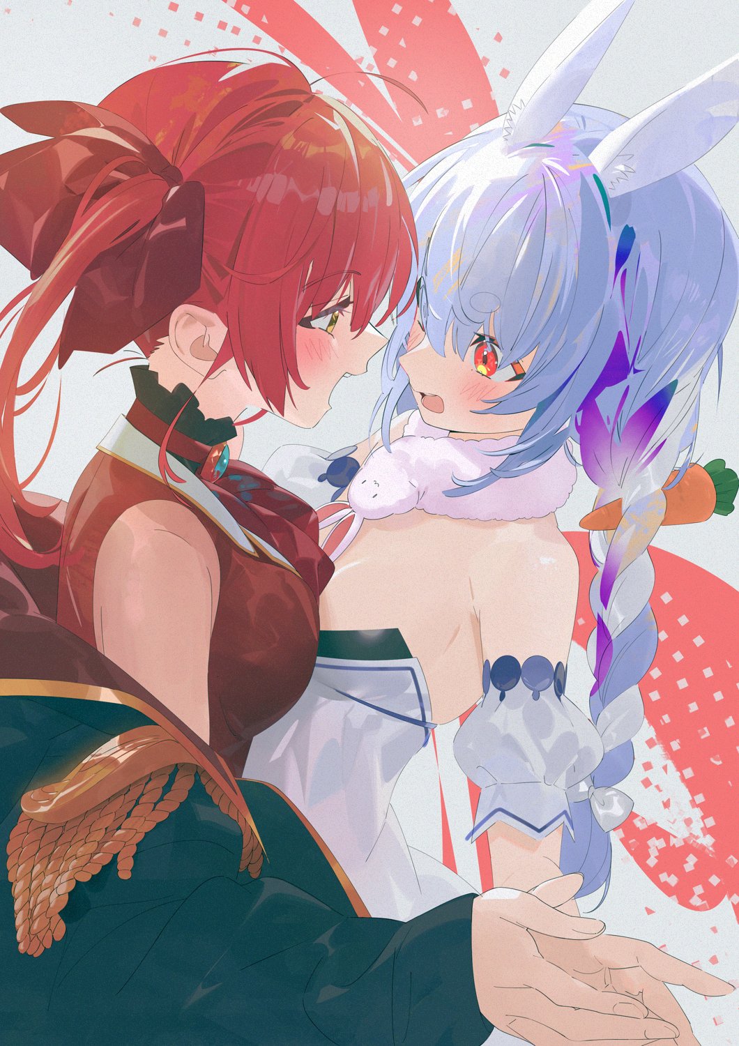 2girls animal_ear_fluff animal_ears black_leotard blue_hair blush braid breast_press breasts carrot_hair_ornament cropped_jacket don-chan_(usada_pekora) dress eye_contact face-to-face food-themed_hair_ornament fur-trimmed_dress fur_trim hair_ornament highres holding_hands hololive houshou_marine houshou_marine_(1st_costume) jacket koyo2023 large_breasts leotard leotard_under_clothes long_hair looking_at_another medium_breasts multicolored_hair multiple_girls nervous open_mouth rabbit_ears rabbit_girl red_jacket sleeveless sleeveless_jacket thick_eyebrows twin_braids twintails usada_pekora usada_pekora_(1st_costume) virtual_youtuber white_hair yuri