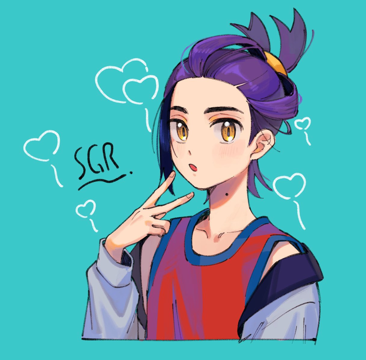1boy aqua_background black_hair blue_background blush cropped_torso grey_jacket hatemadeimym heart jacket kieran_(pokemon) long_sleeves looking_at_viewer male_focus mole mole_on_neck multicolored_hair off_shoulder open_clothes open_jacket parted_lips pokemon pokemon_sv purple_hair red_tank_top simple_background solo tank_top upper_body v