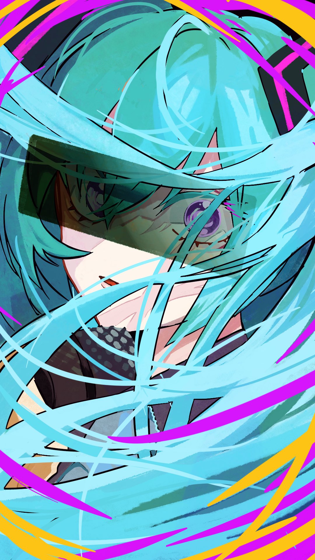 1girl alternate_eye_color bad_id bad_twitter_id bar_censor blue_background blue_hair censored floating_hair hatsune_miku highres identity_censor inactive_account long_hair looking_at_viewer looking_back onion_jounouchi open_mouth purple_eyes solo tokumei_m_(vocaloid) translucent twintails upper_body vocaloid wide-eyed