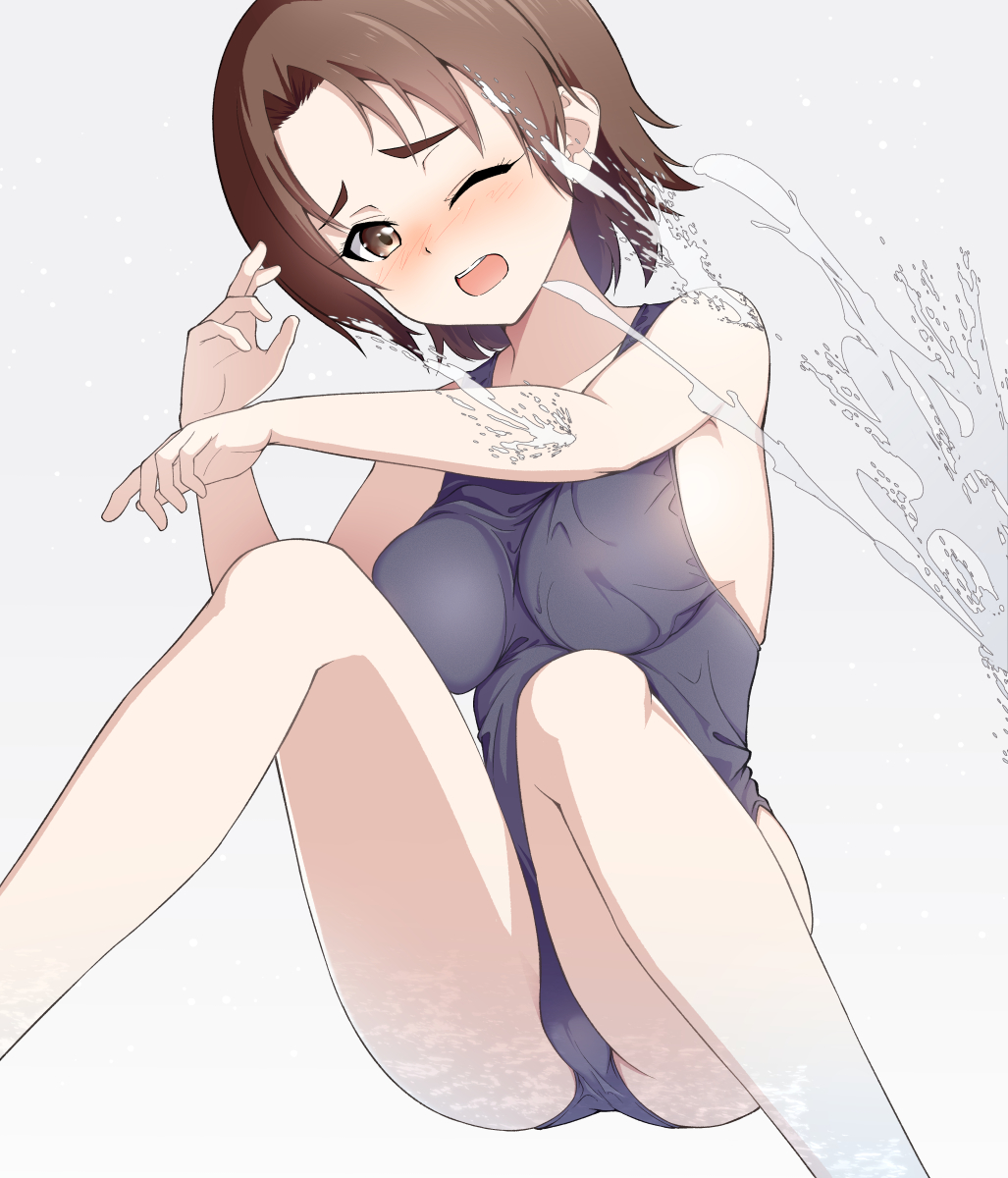 1girl blue_swim_trunks breasts brown_eyes brown_hair commentary frown girls_und_panzer grey_background highres medium_breasts one-piece_swimsuit one_eye_closed open_mouth parted_bangs rebirth42000 sawa_azusa school_swimsuit short_hair simple_background sitting solo splashing swimsuit wince