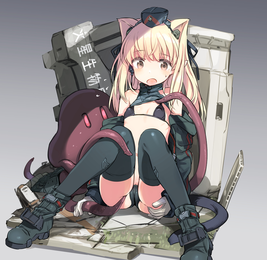 1girl alien animal_ears bikini black_bikini black_thighhighs blonde_hair boots brown_eyes cat_ears cat_tail commentary_request copyright_request garrison_cap hat jacket knees_up long_hair micro_bikini open_clothes open_jacket shimada_fumikane sitting string_bikini sweatdrop swimsuit tail tentacles thighhighs