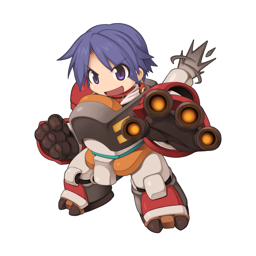 1boy chibi clenched_hand exoskeleton full_body looking_at_viewer male_focus mechanic_(ragnarok_online) medium_bangs official_art open_mouth parted_bangs purple_eyes purple_hair ragnarok_online reaching reaching_towards_viewer red_shirt shirt short_hair simple_background smile solo transparent_background v-shaped_eyebrows yuichirou