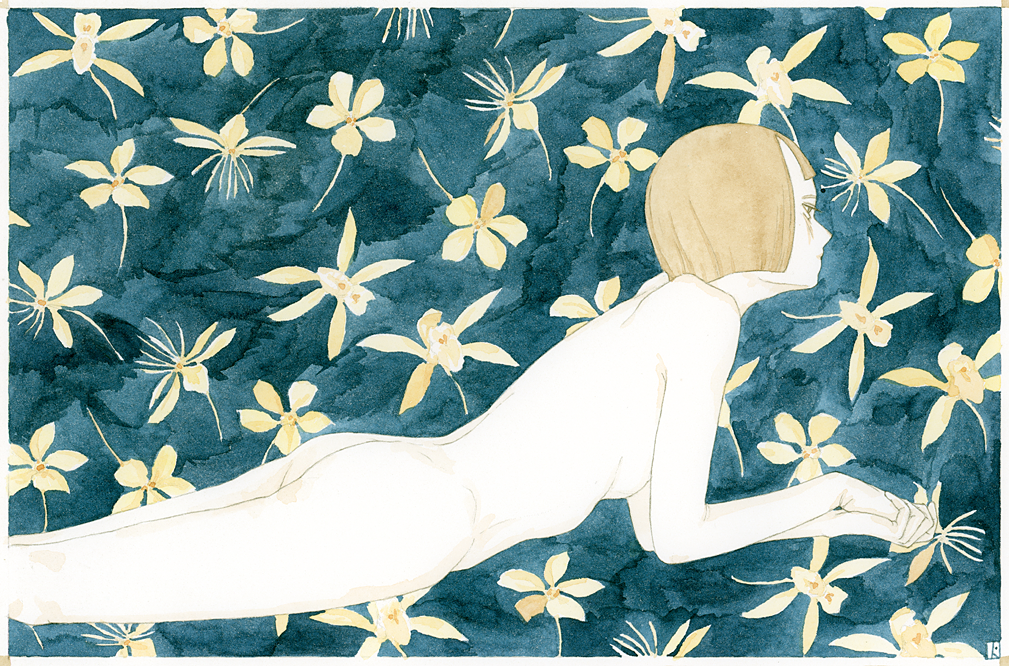 ass bob_cut breasts brown_eyes brown_hair colored_skin completely_nude flat_ass floral_background flower green_background kst1911 lying nude on_stomach original painting_(medium) pale_skin petite profile sideboob skinny small_breasts traditional_media watercolor_(medium) white_skin yellow_flower