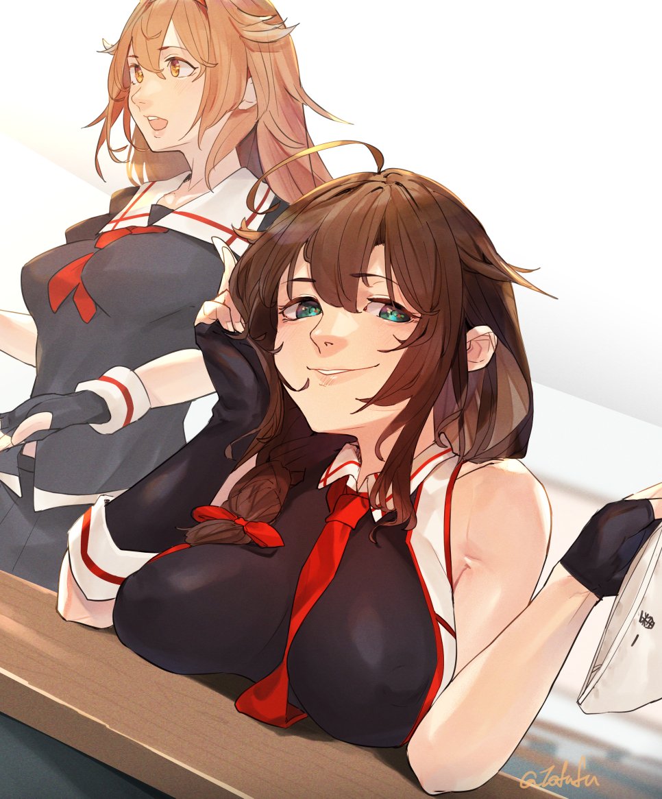 2girls ahoge black_gloves braid breast_rest breasts breasts_on_table brown_eyes brown_hair commentary_request desk fuwafuwatoufu gloves green_eyes hair_between_eyes hair_flaps hair_over_shoulder hand_on_own_cheek hand_on_own_face kantai_collection large_breasts long_hair looking_at_viewer multiple_girls necktie open_mouth panties pleated_skirt red_necktie shigure_(kancolle) shigure_kai_ni_(kancolle) shiratsuyu_(kancolle) shiratsuyu_kai_ni_(kancolle) shirt single_braid skirt sleeveless smile teeth underwear upper_teeth_only