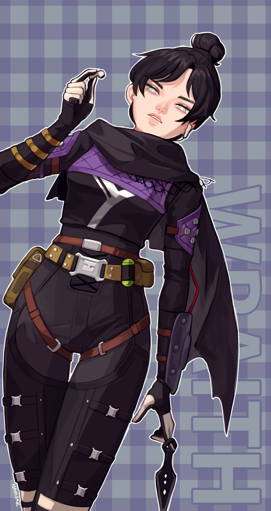 1girl airpods animification apex_legends belt black_bodysuit black_gloves black_hair black_scarf blue_background blue_eyes bodysuit breasts brown_belt character_name earphones frown gloves hair_bun highres holding holding_earphones kunai leaning_to_the_side looking_at_viewer medium_breasts namjak nose_piercing parted_lips piercing plaid plaid_background scarf single_hair_bun solo thigh_belt thigh_strap weapon wireless_earphones wraith's_kunai wraith_(apex_legends)