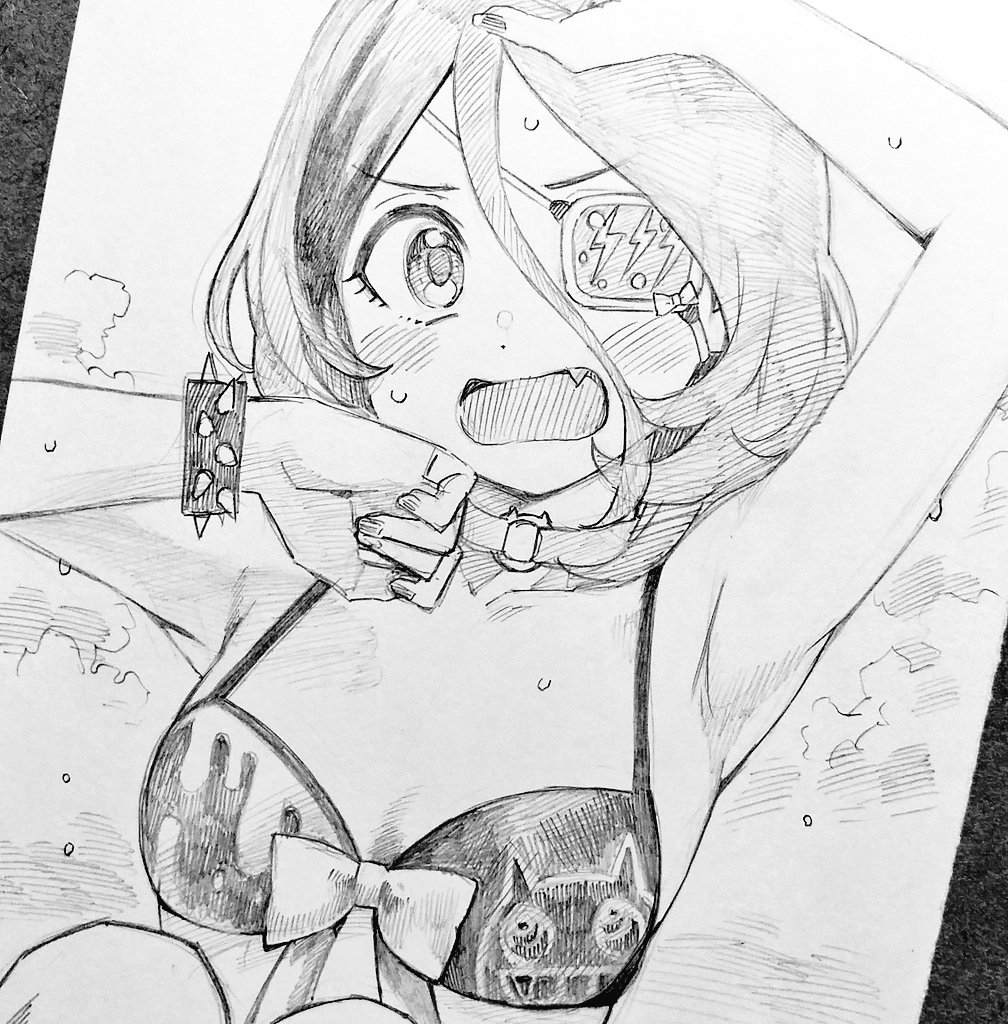 1girl bikini blush bracelet breasts choker embarrassed eyepatch fang graphite_(medium) greyscale hair_between_eyes hayasaka_mirei idolmaster idolmaster_cinderella_girls jewelry larmen_sennin looking_at_viewer monochrome multicolored_hair open_mouth photo_(medium) short_hair small_breasts solo spiked_bracelet spikes swimsuit traditional_media two-tone_hair upper_body