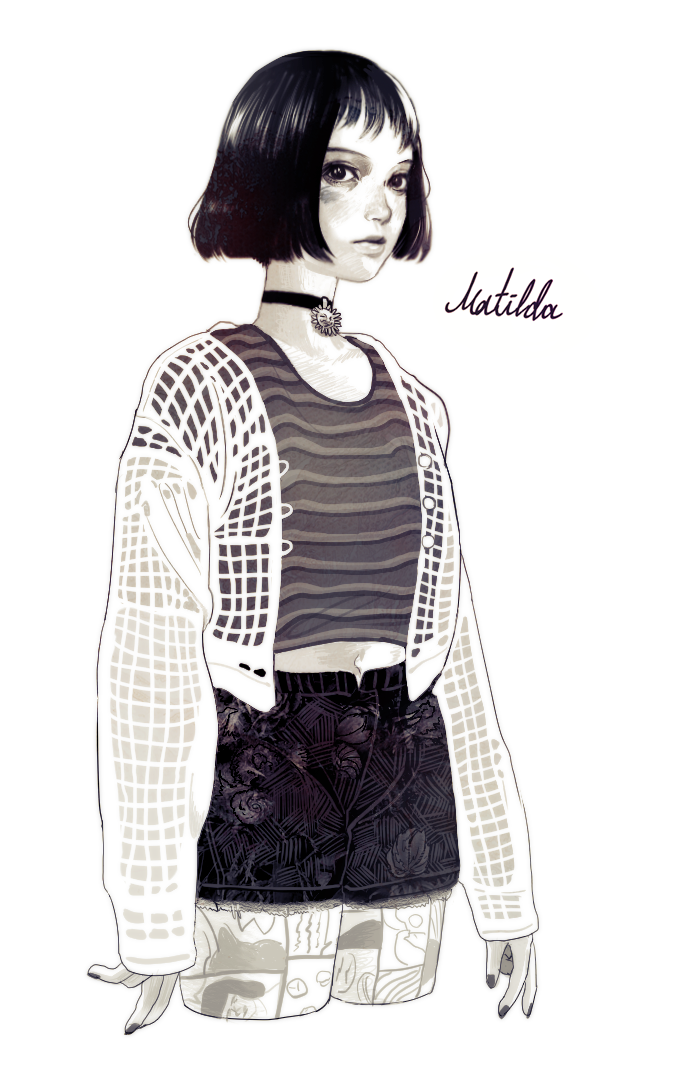 1girl arms_at_sides bob_cut cardigan character_name closed_mouth cropped_legs cursive expressionless greyscale leon_the_professional long_sleeves looking_at_viewer mathilda_lando midriff monochrome nail_polish navel nemo_brand open_cardigan open_clothes pendant_choker see-through_cardigan shirt short_hair short_shorts short_sleeves shorts solo standing striped_clothes striped_shirt