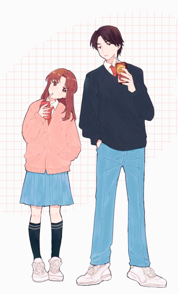 1boy 1girl black_socks black_sweater blue_pants blue_skirt blue_sweater brown_hair cardigan collared_shirt drink drinking_straw drinking_straw_in_mouth egashira_mika full_body grid_background hand_in_pocket hand_up head_tilt height_difference holding holding_carton holding_drink juice_box kneehighs long_hair long_sleeves looking_at_viewer mukai_tsukasa necktie pants parted_bangs pechevail red_cardigan red_eyes red_hair red_necktie school_uniform shirt shoes skip_to_loafer skirt sneakers socks standing sweater white_background white_footwear white_shirt