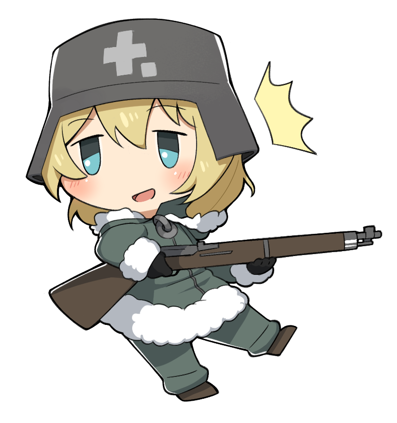 1girl blonde_hair blue_eyes blush brown_footwear chibi coat combat_helmet commission cross english_commentary full_body fur-trimmed_coat fur_trim gloves green_coat green_pants gun hair_between_eyes helmet holding holding_gun holding_weapon hood leg_up long_hair looking_ahead looking_to_the_side military military_uniform open_mouth pants shoujo_shuumatsu_ryokou spawfin stahlhelm standing standing_on_one_leg uniform weapon white_background yuuri_(shoujo_shuumatsu_ryokou) zipper