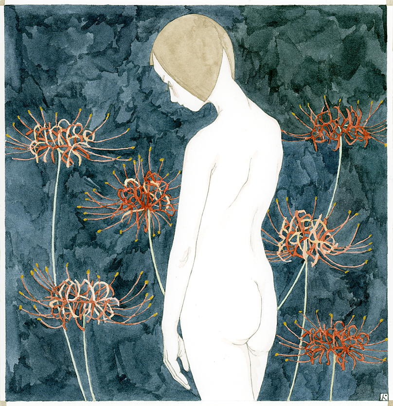 1girl ass border brown_eyes brown_hair colored_skin cowboy_shot facing_down flat_ass floral_background flower_request kst1911 original painting_(medium) petite profile skinny solo traditional_media watercolor_(medium) white_skin