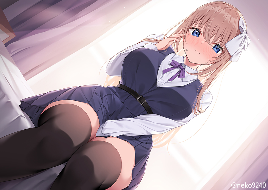 1girl between_legs black_dress black_thighhighs blonde_hair blue_dress blue_eyes blush breasts collared_shirt dress hair_ornament hair_ribbon hand_between_legs indoors large_breasts long_hair long_sleeves looking_at_viewer neck_ribbon nekokobushi original pinafore_dress pleated_dress red_ribbon ribbon school_uniform shirt short_sleeves sitting sleeveless sleeveless_dress solo thighhighs thighs white_shirt