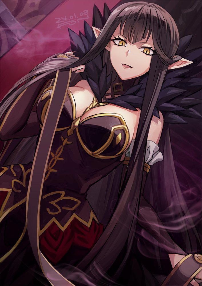 1girl black_dress black_hair breasts cleavage dated detached_sleeves dress eyelashes fate/grand_order fate_(series) fon-due_(fonfon) large_breasts long_hair looking_at_viewer open_mouth pointy_ears semiramis_(fate) signature smoke solo very_long_hair yellow_eyes