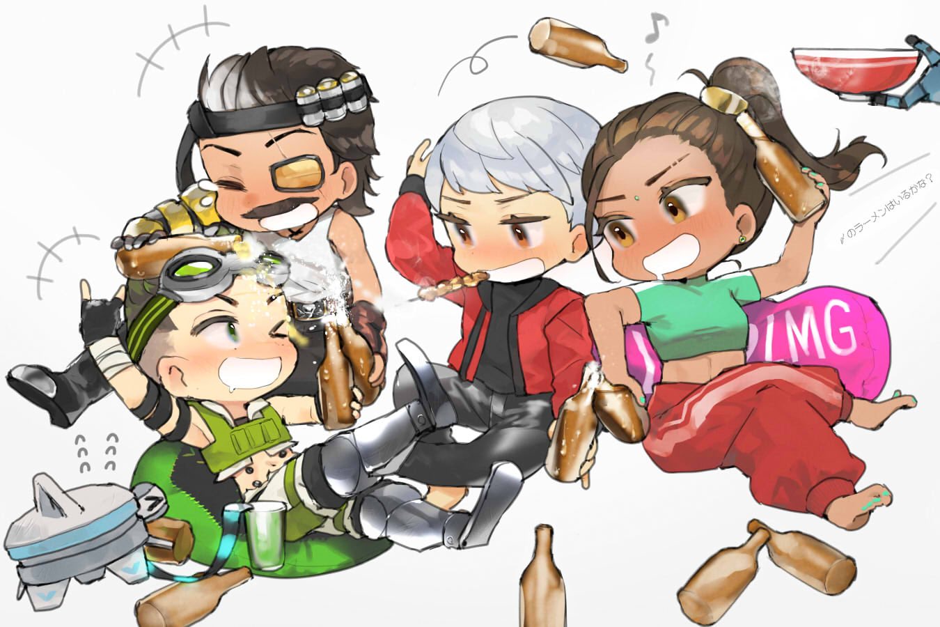 2boys 2girls \m/ animification apex_legends aqua_nails aqua_shirt barefoot black_gloves black_pants blush bottle chibi closed_eyes cropped_shirt d.o.c._health_drone dark-skinned_female dark_skin fingerless_gloves fuse_(apex_legends) gloves goggles goggles_on_head green_eyes green_hair green_vest grey_background grey_hair mechanical_arms mechanical_legs multiple_boys multiple_girls musical_note nail_polish non-humanoid_robot octane_(apex_legends) one_eye_closed pants pathfinder_(apex_legends) pillow rampart_(apex_legends) red_pants robot shirt short_hair single_mechanical_arm sitting skewer smile sweatpants throwing toenail_polish toenails tsuduya_(knt31) valkyrie_(apex_legends) vest