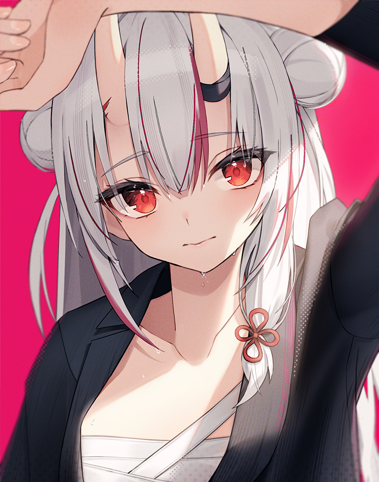 1girl arm_up black_jacket chest_sarashi closed_mouth double_bun hair_bun hololive horns jacket long_hair long_sleeves looking_at_viewer multicolored_hair nakiri_ayame open_clothes open_jacket red_hair sarashi skin-covered_horns solo streaked_hair sweat thomas_8000 upper_body virtual_youtuber white_hair