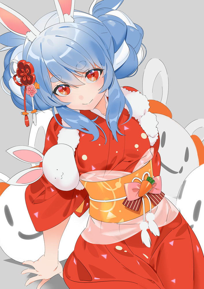 1girl animal_ear_fluff animal_ears blue_hair blush double_bun hair_bun hair_ornament hololive japanese_clothes kimono koyo2023 long_hair looking_at_viewer multicolored_hair obi rabbit_ears rabbit_girl red_kimono sash smile thick_eyebrows usada_pekora usada_pekora_(new_year) virtual_youtuber white_hair