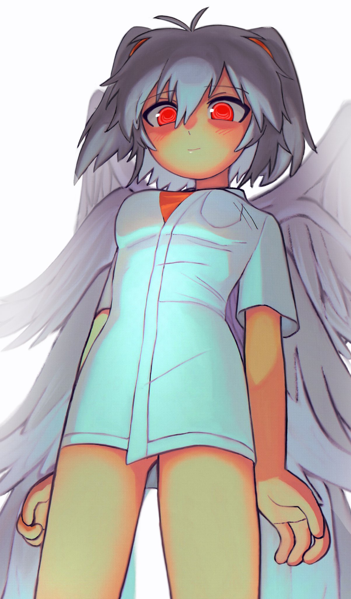 1girl angel_chromosome_xx angel_wings ass_visible_through_thighs batrobin_k commentary dress feathered_wings grey_hair highres multiple_wings neon_genesis_evangelion orange_eyes orange_shirt shirt short_dress solo tabris-xx two_side_up white_dress white_wings wings