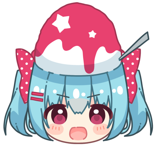 1girl :d blue_hair blush_stickers bow chibi commentary_request food hair_between_eyes hair_bow hair_ornament hairclip hanamiya_natsuka head_only looking_at_viewer lowres original polka_dot polka_dot_bow red_bow red_eyes shaved_ice simple_background smile solo star_(symbol) two_side_up utensil white_background