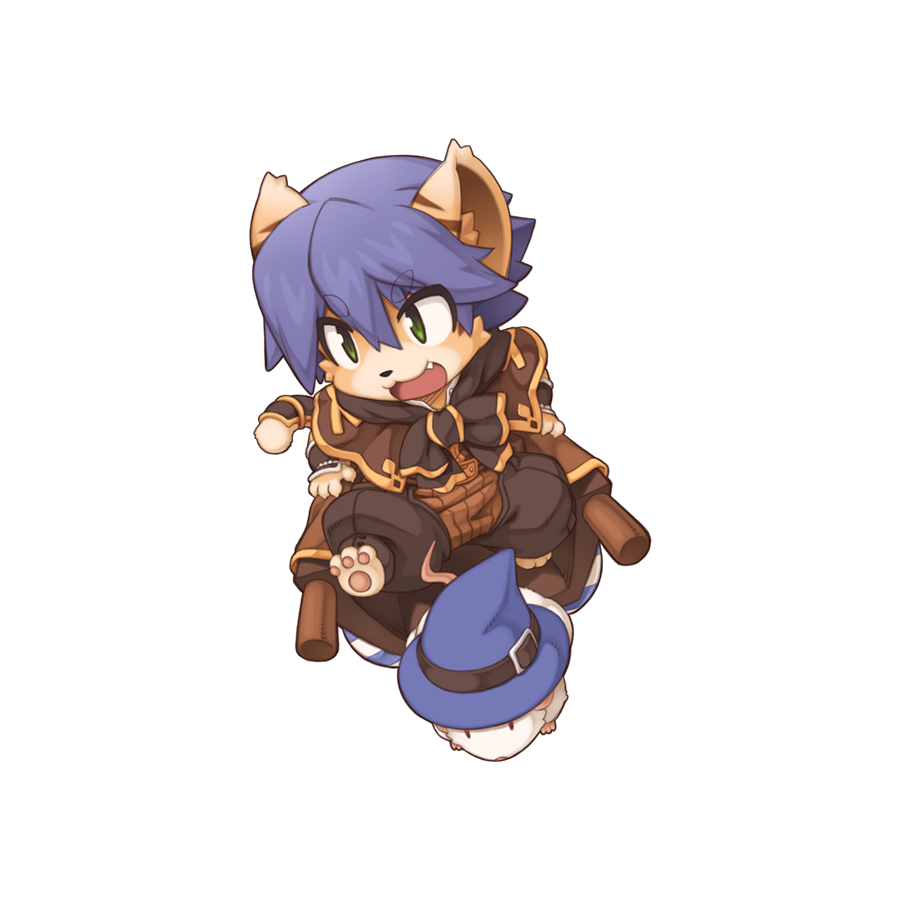 1boy animal_ears barefoot blue_hat brown_capelet brown_pants brown_shirt capelet cat_boy cat_ears cat_tail chibi fang full_body furry furry_male green_eyes hair_between_eyes hat long_bangs mouse official_art open_mouth pants purple_hair ragnarok_online riding shirt short_hair simple_background solo summoner_(ragnarok_online) tail tail_armor tarou_(ragnarok_online) transparent_background vambraces witch_hat yuichirou