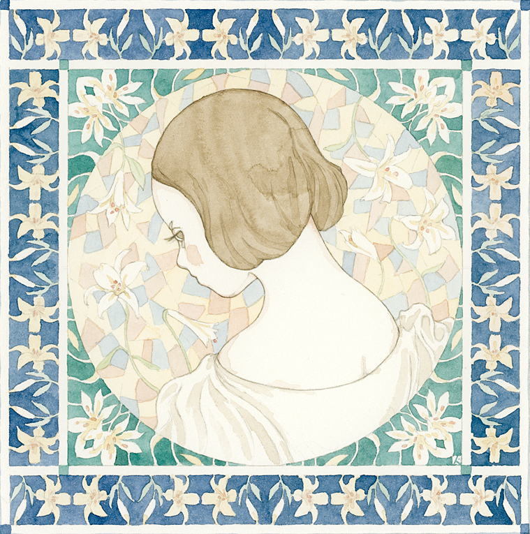 1girl blush brown_eyes brown_hair child floral_background flower kst1911 lily_(flower) looking_at_viewer off_shoulder original painting_(medium) pale_skin profile solo traditional_media watercolor_(medium)
