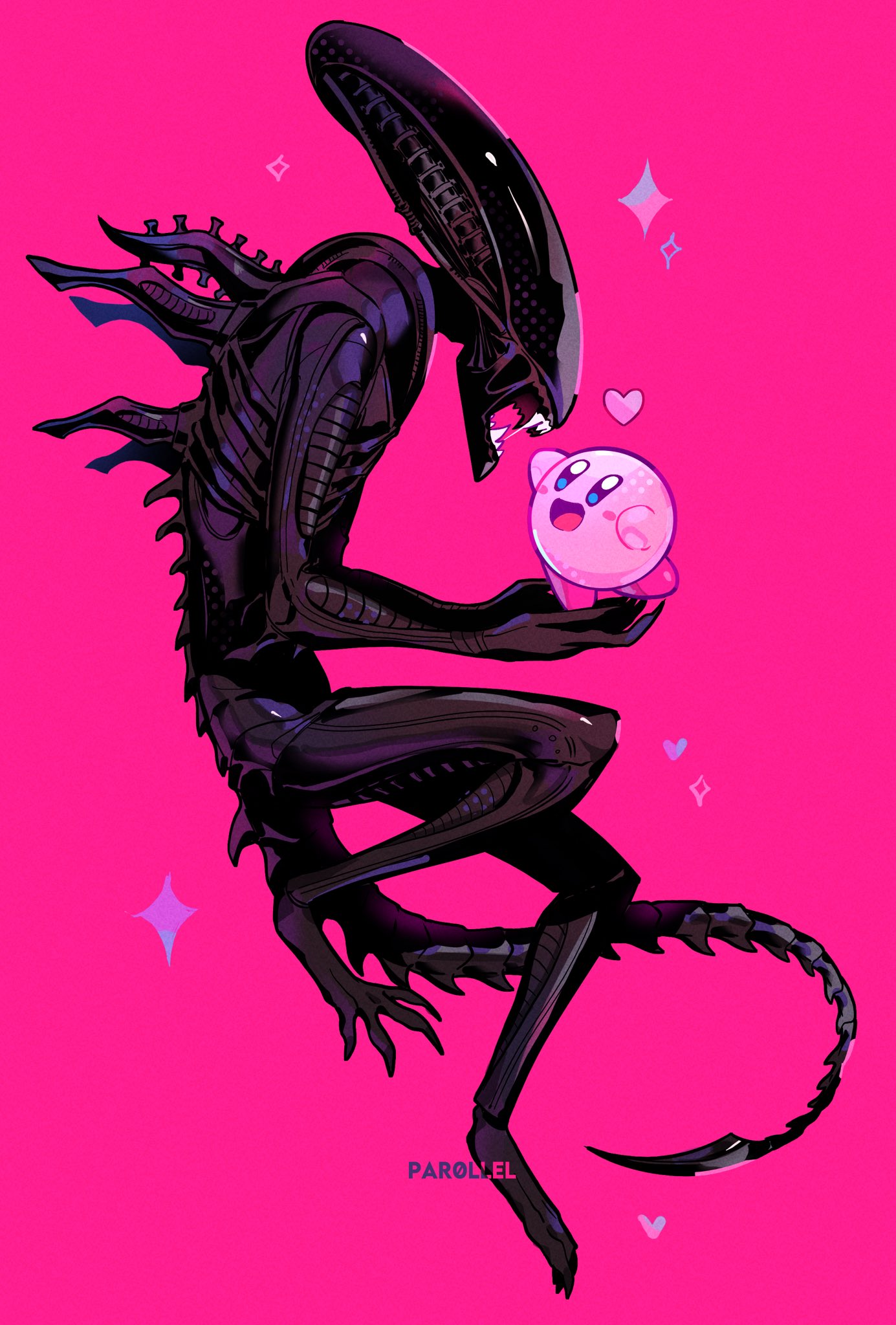 alien_(series) artist_name blue_eyes blush_stickers commentary crossover english_commentary face-to-face fangs floating from_side full_body happy heart highres in_palm kirby kirby_(series) looking_at_another monster open_mouth par0llel pink_background reaching sparkle xenomorph