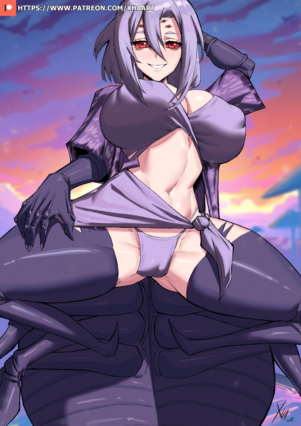 arachne arachnid arthropod biped blush breasts clothed clothing european_mythology eyelashes female greek_mythology hair hi_res looking_at_viewer monster_girl_(genre) monster_musume multi_eye mythology pupils rachnera_arachnera_(monster_musume) smile thick_thighs xhaart