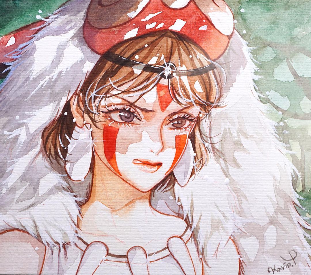 1girl artist_name bad_source brown_hair close-up commentary_request earrings eyelashes facepaint headband jewelry karin_park korean_commentary looking_ahead mask mononoke_hime painting_(medium) san_(mononoke_hime) short_hair sleeveless solo traditional_media tree upper_body watercolor_(medium) white_fur