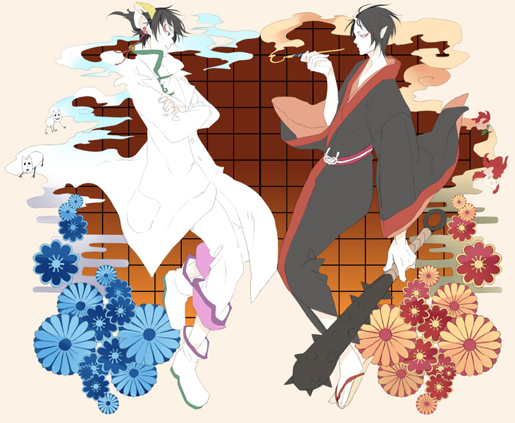 2boys black_eyes black_hair black_kimono black_sleeves blue_flower boots buttons club_(weapon) coat coin collared_coat crossed_arms dangle_earrings demon_horns earrings eyeshadow face-to-face flower flower_knot from_side full_body hakutaku_(hoozuki_no_reitetsu) holding holding_club holding_smoking_pipe holed_coin hoozuki_(hoozuki_no_reitetsu) hoozuki_no_reitetsu horns japanese_clothes jewelry kimono lab_coat long_sleeves makeup male_focus momochi_(orrizonte) multiple_boys pants parted_lips pocket pointy_ears red_eyeshadow red_flower red_ribbon red_sleeves ribbon ribbon_earrings sandals short_hair simple_background smile smoke smoking_pipe socks spiked_club tabi two-sided_sleeves weapon white_coat white_footwear white_pants white_sleeves white_socks wide_sleeves window yellow_background yellow_footwear yellow_horns zouri