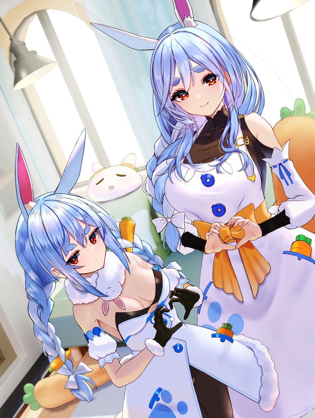 animal_ear_fluff animal_ears blue_hair blush braid braided_ponytail breasts carrot carrot_hair_ornament carrot_in_pocket food-themed_hair_ornament hair_ornament highres hololive housewife inari_(ambercrown) long_hair looking_at_viewer mature_female mother_and_daughter multicolored_hair pekomama rabbit_ears rabbit_girl short_eyebrows small_breasts smile thick_eyebrows twin_braids two-tone_hair usada_pekora virtual_youtuber white_hair