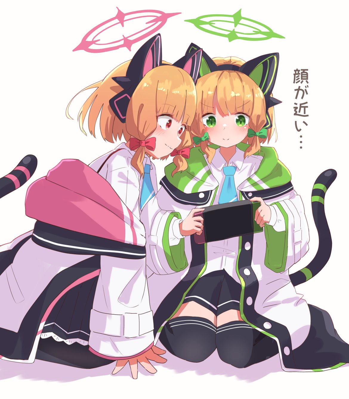 &gt;:) 2girls animal_ear_headphones animal_ears black_shorts black_skirt black_thighhighs blonde_hair blue_archive blue_necktie blush bow closed_mouth collared_shirt commentary_request fake_animal_ears green_bow green_eyes hair_bow halo headphones highres holding hood hood_down hooded_jacket jacket kotatsune long_sleeves midori_(blue_archive) momoi_(blue_archive) multiple_girls necktie nintendo_switch off_shoulder open_clothes open_jacket pleated_skirt puffy_long_sleeves puffy_sleeves red_bow red_eyes shadow shirt shorts siblings simple_background sisters skirt smile suspender_skirt suspenders tail thighhighs translation_request twins v-shaped_eyebrows white_background white_jacket white_shirt wide_sleeves