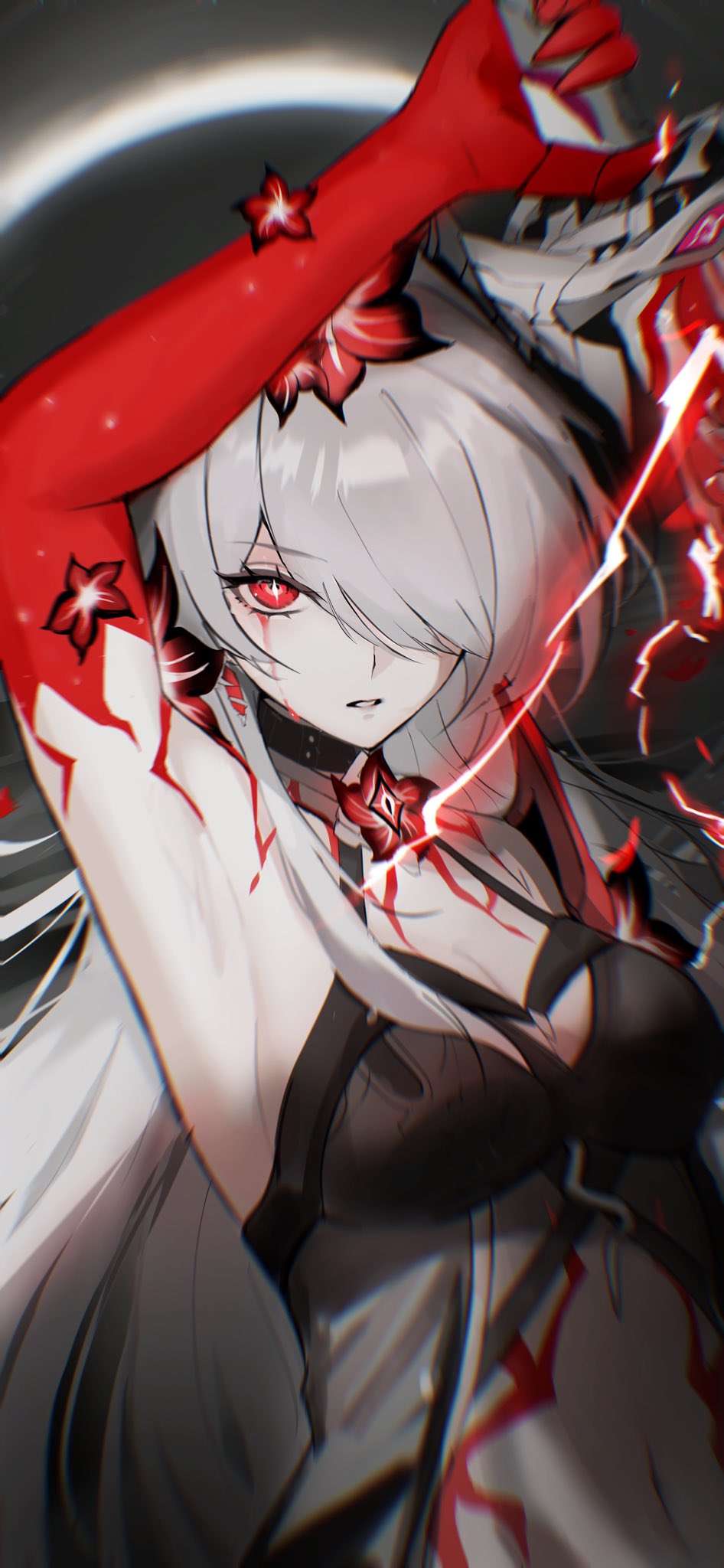 1girl acheron_(honkai:_star_rail) arm_up armpits black_choker black_hole blood blood_from_eyes body_markings breasts choker cleavage closed_eyes coat detached_sleeves flower hair_over_one_eye highres holding holding_sword holding_weapon honkai:_star_rail honkai_(series) long_hair midriff mizureito navel red_eyes red_flower single_bare_shoulder solo stomach sword upper_body weapon white_coat white_hair