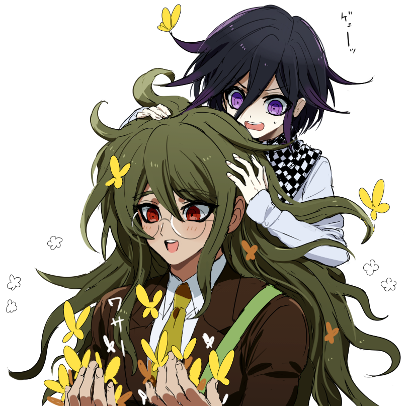 2boys arm_belt belt black_scarf brown_jacket brown_sleeves bug butterfly butterfly_on_hand butterfly_on_head checkered_clothes checkered_scarf coattails collared_jacket collared_shirt colored_tips commentary_request danganronpa_(series) danganronpa_v3:_killing_harmony dark-skinned_male dark_skin fingernails frown glasses gokuhara_gonta green_hair green_necktie hair_between_eyes hands_on_another's_head jacket long_hair long_sleeves male_focus messy_hair multicolored_hair multiple_boys necktie oma_kokichi open_mouth pale_skin purple_eyes purple_hair red_eyes round_eyewear scarf shirt short_hair simple_background sleeves_past_wrists smile sweatdrop tamaon teeth two-tone_scarf upper_body upper_teeth_only v-shaped_eyebrows very_long_hair white_background white_belt white_jacket white_scarf white_shirt white_sleeves yellow_butterfly