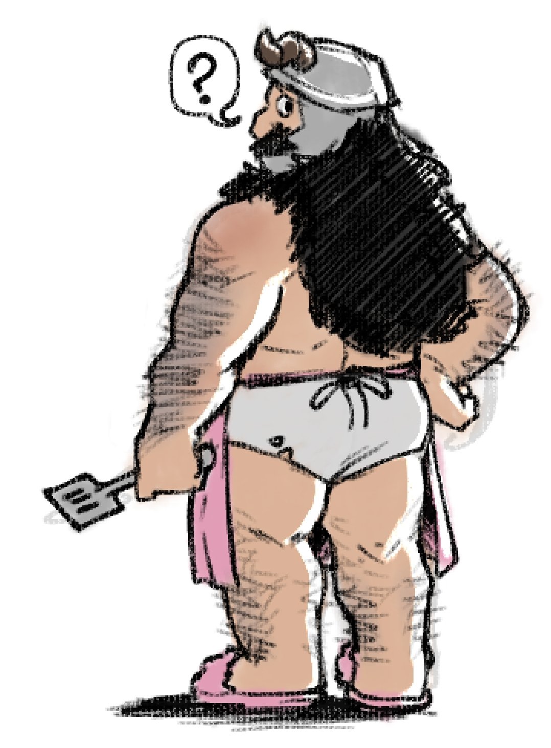 1boy ? alternate_costume apron ass bara beard boxer_briefs dungeon_meshi dwarf facial_hair fake_horns from_behind full_body hairy helmet highres holding holding_spatula horned_helmet horns long_beard looking_back male_focus male_underwear nearly_naked_apron nico_(boomstick_0) pink_apron profile senshi_(dungeon_meshi) slippers solo spatula spoken_question_mark standing thick_arm_hair thick_leg_hair thick_mustache torn_underwear underwear very_hairy very_long_beard waist_apron