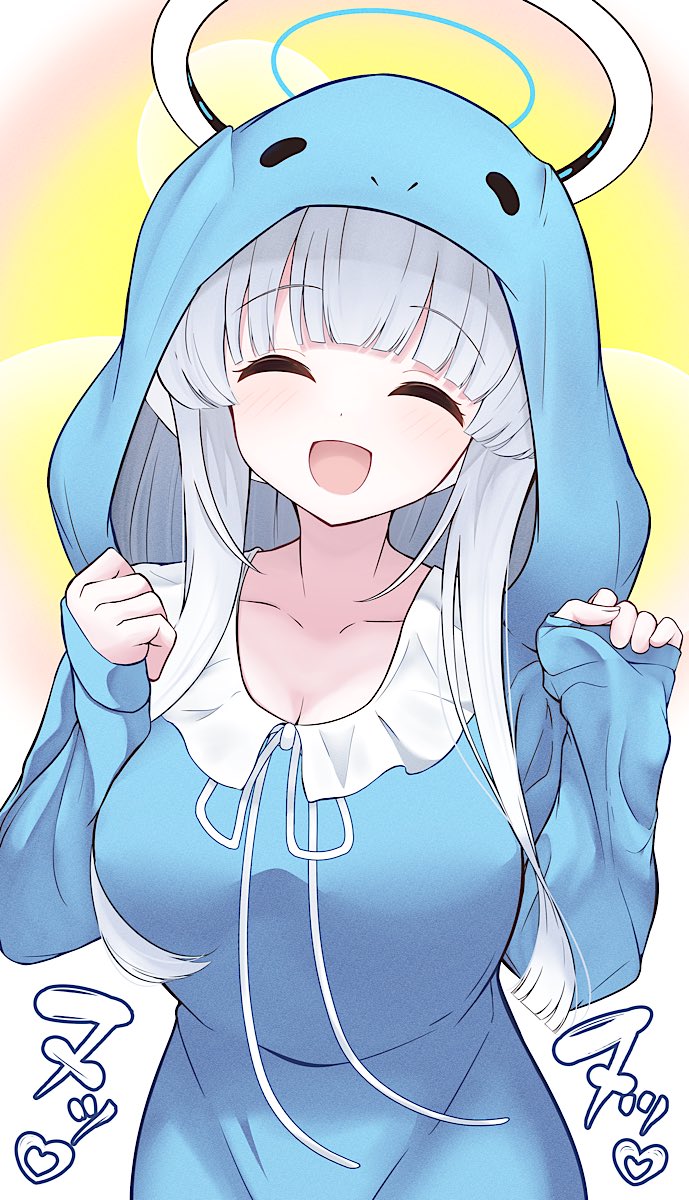 ^_^ ahegao blue_archive blue_pajamas breasts closed_eyes collarbone halo heart highres hood hoodie mechanical_halo mikishiro noa_(blue_archive) pajamas shirt simple_background sleepwear translation_request upper_body white_halo white_shirt