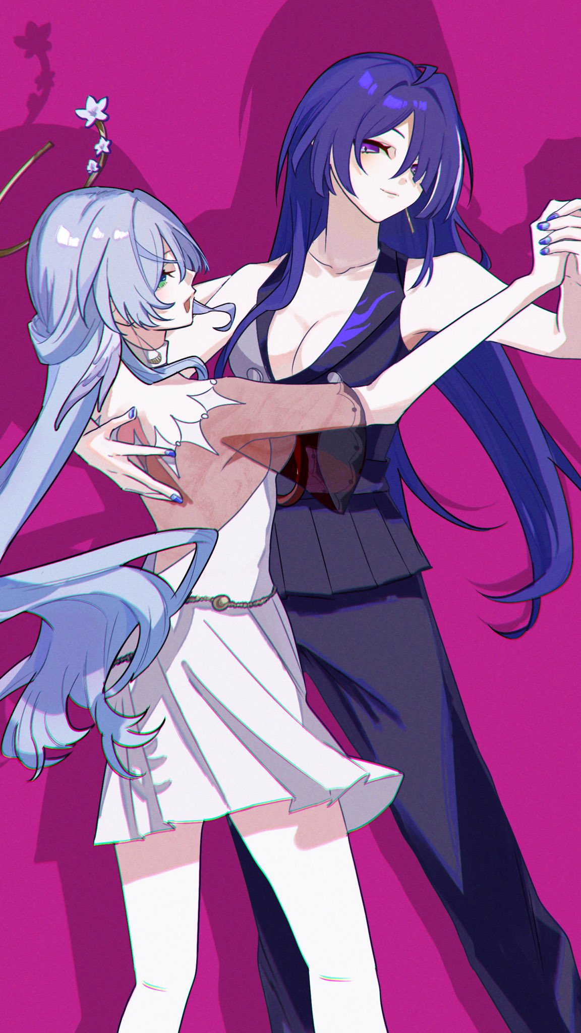 2girls acheron_(honkai:_star_rail) ahoge alternate_costume bare_shoulders black_pants black_shirt breasts chromatic_aberration cleavage collarbone commentary dress drop_shadow earrings ei_lien777 eyes_visible_through_hair green_eyes grey_hair hair_over_one_eye halo hand_grab hand_on_another's_back head_wings highres honkai:_star_rail honkai_(series) jewelry large_breasts long_hair looking_at_another multicolored_hair multiple_girls nail_polish open_mouth pants pink_background purple_hair purple_nails robin_(honkai:_star_rail) see-through shirt sideboob sleeveless sleeveless_shirt streaked_hair white_dress wings