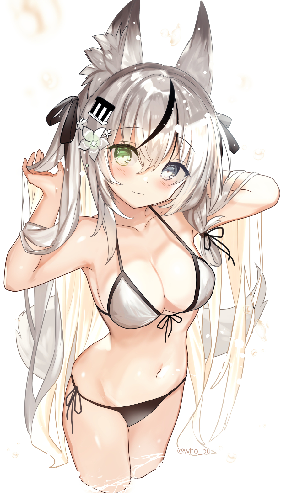 1girl animal_ear_fluff animal_ears bangs bikini blush breasts collarbone commentary commission eyebrows_visible_through_hair flower fox_ears fox_girl fox_tail fuupu green_eyes grey_hair hair_between_eyes hair_flower hair_ornament hair_ribbon halterneck hands_in_hair heterochromia highres long_hair looking_at_viewer medium_breasts multicolored_hair navel ribbon side-tie_bikini sidelocks silver_hair simple_background skeb_commission solo streaked_hair string_bikini swimsuit tail twitter_username vrchat white_background