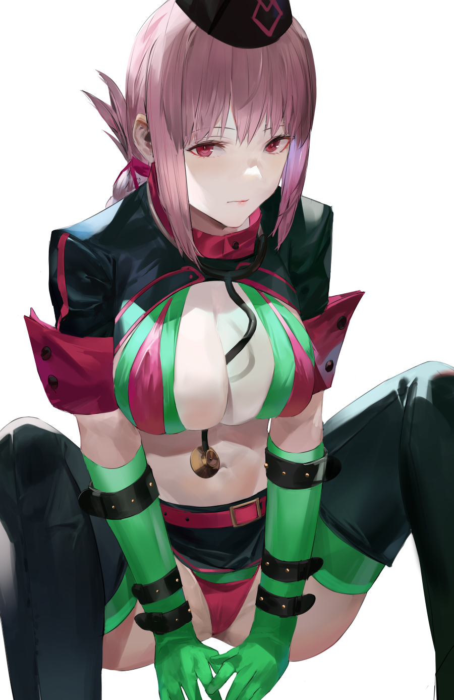 1girl bangs between_breasts bikini black_footwear black_headwear black_skirt blazpu boots braid braided_ponytail breasts cleavage elbow_gloves fate/grand_order fate_(series) florence_nightingale_(fate) folded_ponytail garrison_cap gloves green_bikini green_gloves green_legwear hat highres knees_up large_breasts layered_bikini long_hair looking_at_viewer miniskirt navel pink_hair purple_belt purple_bikini red_eyes revealing_clothes short_sleeves shrug_(clothing) sitting skirt solo spread_legs stethoscope swimsuit thigh_boots thighhighs thighhighs_under_boots trick_or_treatment