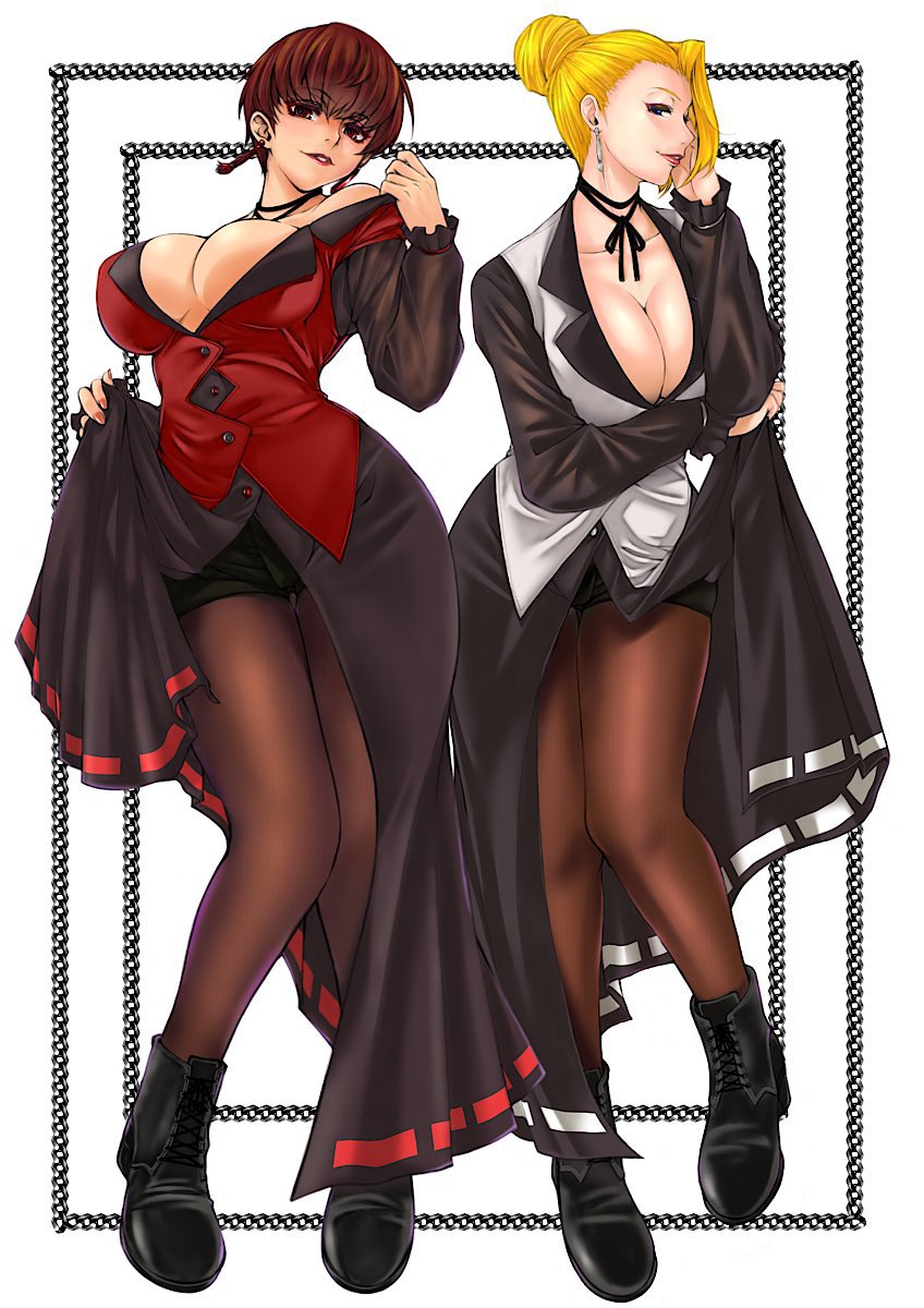 2girls blonde_hair boots breasts brown_hair brown_legwear choker cleavage commentary_request earrings hair_bun highres jewelry legwear_under_shorts looking_at_viewer mature_(kof) multiple_girls pantyhose pixie_cut short_hair shorts sk_(sk-g) the_king_of_fighters updo vice_(kof)