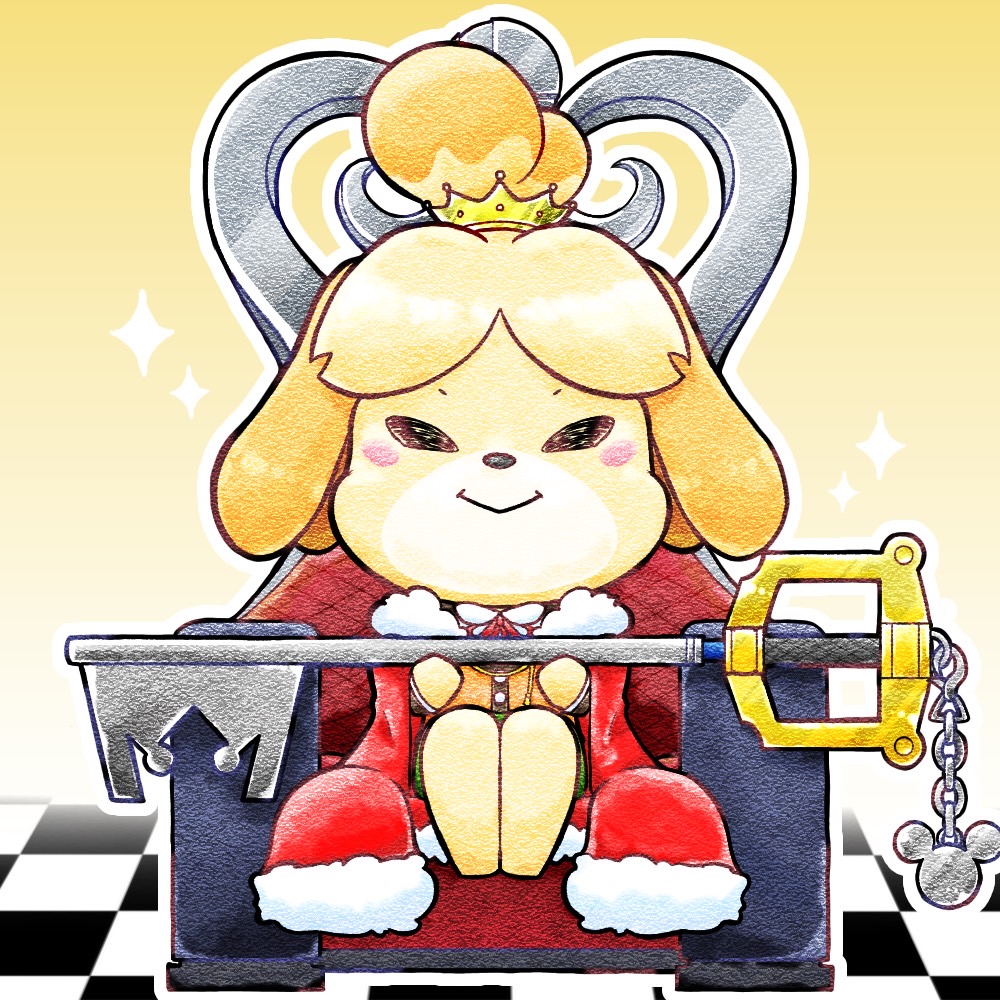 1girl :&gt; animal_crossing animal_ears animal_nose bangs barefoot blonde_hair blush_stickers body_fur buttons cape cardigan chair checkered checkered_floor closed_eyes closed_mouth commentary_request crown dog_ears dog_girl facing_viewer flat_chest full_body fur-trimmed_cape fur_trim furry furry_female gradient gradient_background green_skirt hands_up happy holding holding_weapon indoors isabelle_(animal_crossing) jacket jimuin_ao jpeg_artifacts keyblade kingdom_hearts legs_together long_sleeves mickey_mouse mini_crown miniskirt multicolored_hair neck_ribbon on_chair orange_cardigan orange_jacket outline parted_bangs red_cape red_ribbon ribbon shiny shiny_hair short_hair simple_background sitting skirt smile solo sparkle straight-on super_smash_bros. textless throne tied_hair topknot two-tone_fur two-tone_hair weapon white_fur white_outline yellow_background yellow_fur yellow_headwear