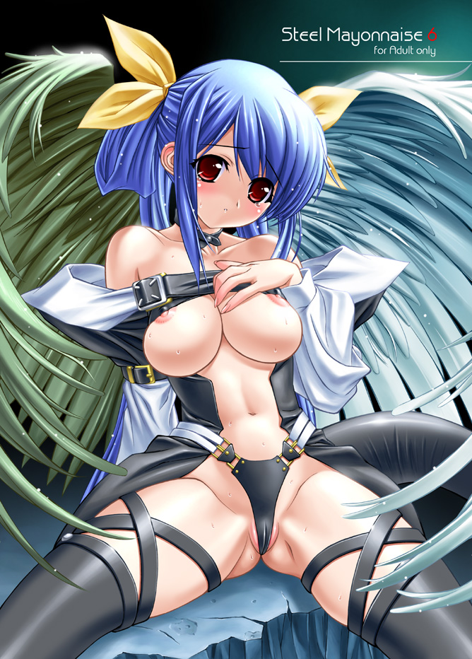 asymmetrical_wings bangs bare_shoulders blue_hair blush bow breasts cameltoe choker cover dizzy doujinshi guilty_gear hair_bow higuchi_isami large_breasts long_hair long_sleeves midriff navel nipple_slip nipples red_eyes sitting solo spread_legs sweat tail thighhighs twintails very_long_hair wings