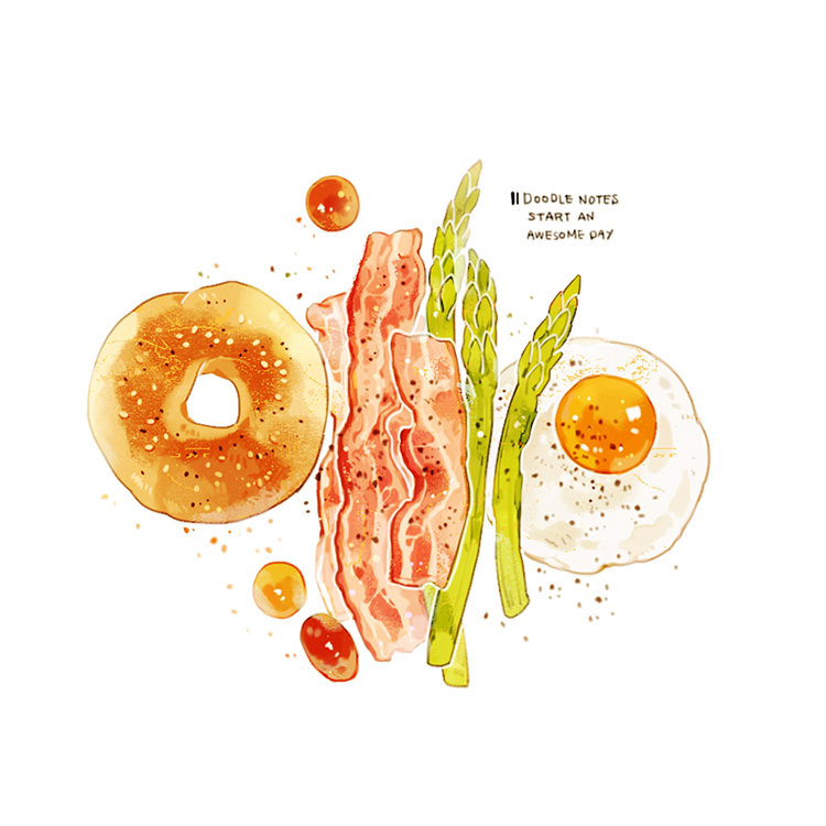 asparagus bacon bread commentary cyannism doughnut english_commentary english_text food food_focus meat no_humans original pepper simple_background sunny_side_up_egg tomato white_background