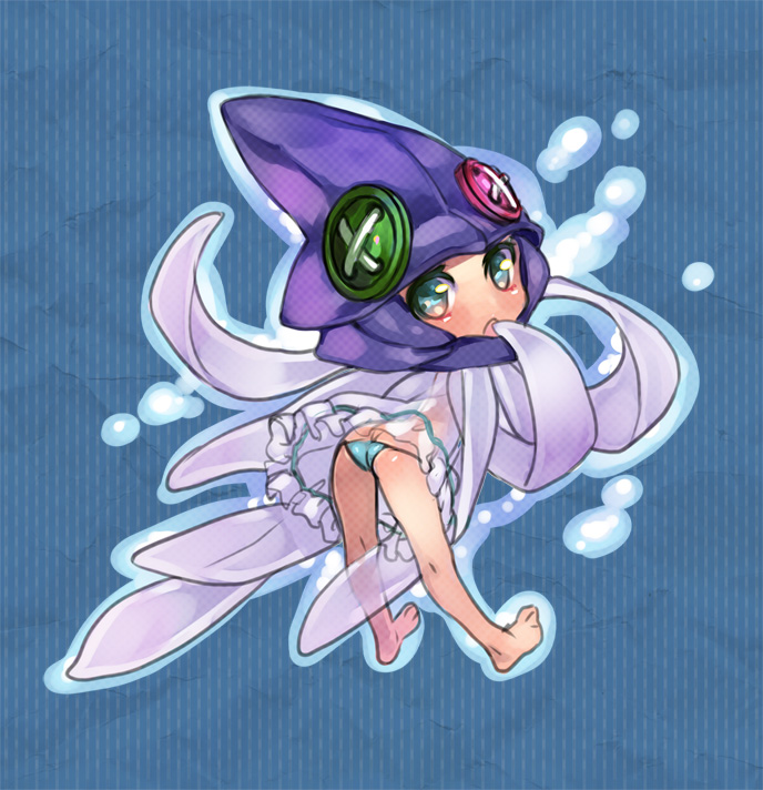 1girl ass barefoot bikini blue_background blue_bikini blue_eyes blush button_eyes commentary_request dress full_body hat looking_at_viewer looking_back no_arms okishiji_en open_mouth ragnarok_online sedora see-through_dress solo squid_hat swimsuit tentacle_hair white_dress