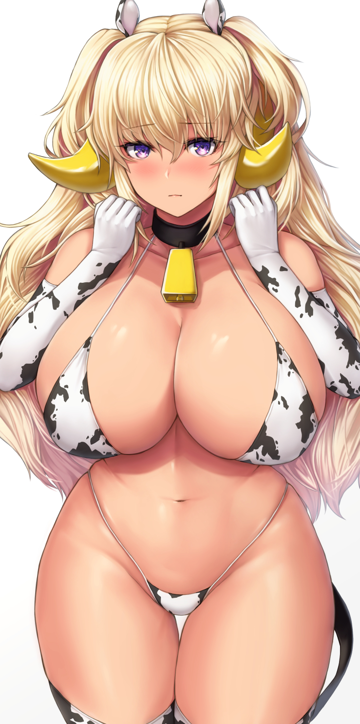 1girl animal_ears animal_print bell bikini blonde_hair blush breasts buran_(22x) choker cleavage clenched_hands closed_mouth cow_ears cow_horns cow_print cow_tail cowbell cowboy_shot curvy dark-skinned_female dark_elven_forest_ranger dark_skin elbow_gloves gloves groin hands_up highres horns huge_breasts last_origin long_hair looking_at_viewer micro_bikini navel purple_eyes solo swimsuit tail thigh_gap thighhighs two_side_up very_long_hair