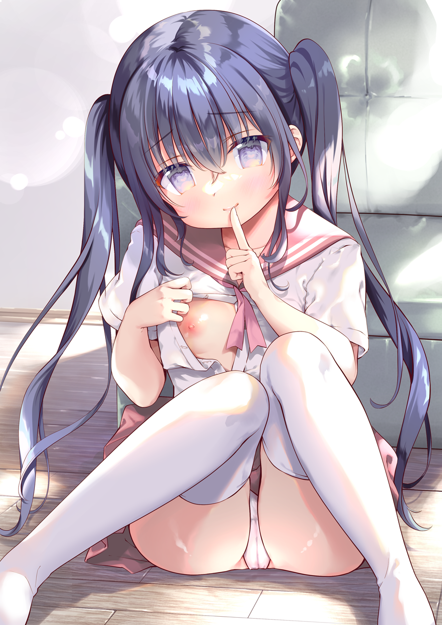 1girl amanagi_seiji bangs black_hair blue_eyes blush brown_sailor_collar brown_skirt closed_mouth commentary_request eyebrows_visible_through_hair feet_out_of_frame finger_to_mouth flat_chest hair_between_eyes hand_up highres indoors knees_up long_hair nipples on_floor open_clothes open_shirt original panties pleated_skirt sailor_collar school_uniform serafuku shirt short_sleeves shushing sitting skirt smile solo thighhighs twintails underwear very_long_hair white_legwear white_panties white_shirt wooden_floor
