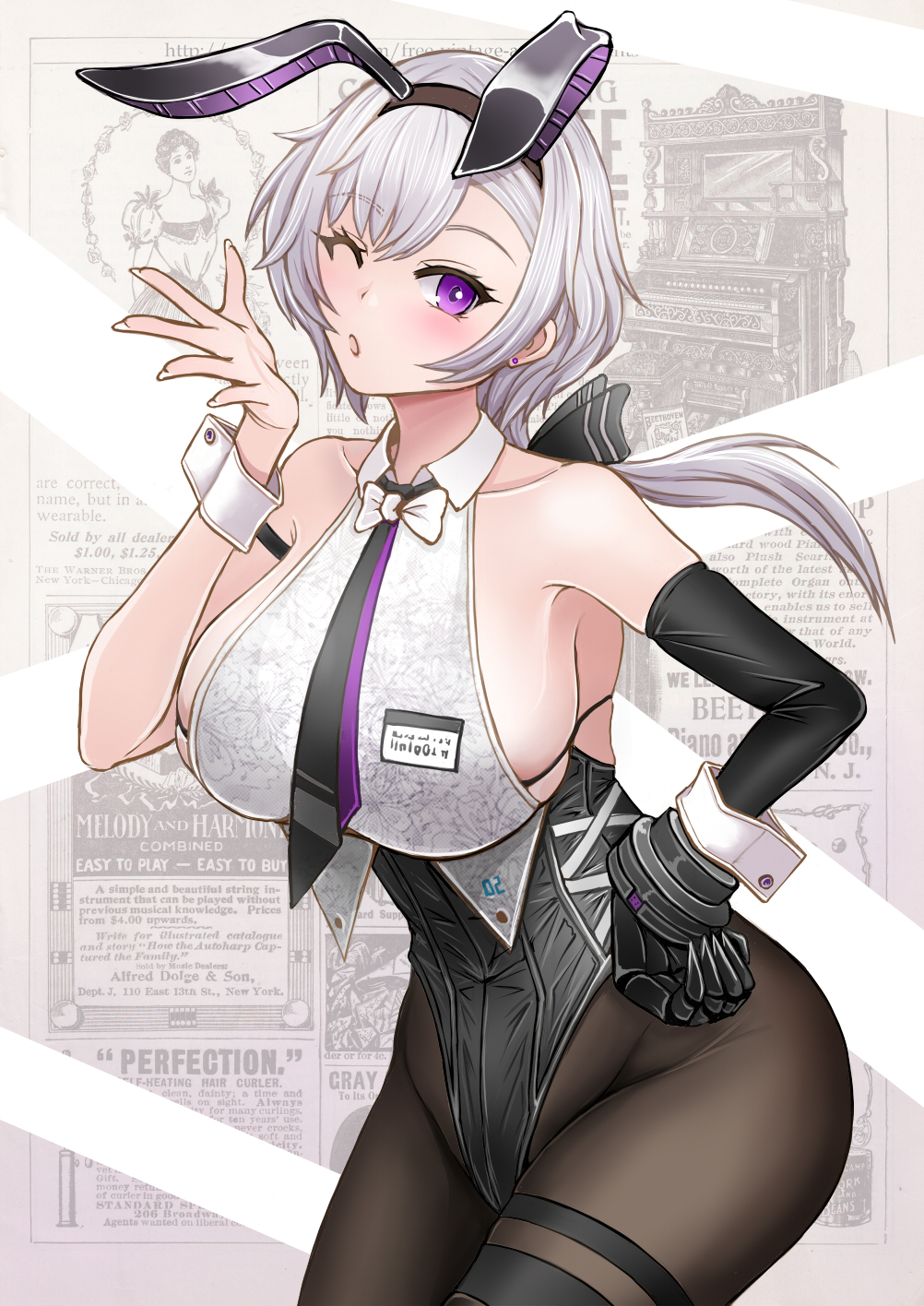 1girl ;o animal_ears armpits azur_lane bangs bare_shoulders black_bra black_hairband black_legwear black_neckwear black_ribbon blowing_kiss blush bow bowtie bra breasts collarbone collared_shirt commentary covered_navel cowboy_shot crop_top earrings elbow_gloves eyebrows_visible_through_hair fake_animal_ears gloves grey_hair groin hair_between_eyes hair_ribbon hairband hand_on_hip hand_up highres id_card jewelry large_breasts leotard leotard_under_clothes looking_at_viewer low_ponytail metal_gloves necktie newsprint_background official_alternate_costume one_eye_closed pantyhose parted_hair playboy_bunny purple_eyes rabbit_ears reno_(azur_lane) reno_(reno_bunnino)_(azur_lane) ribbon sai-go see-through see-through_shirt shirt sideboob sidelocks single_elbow_glove sleeveless sleeveless_shirt solo standing stud_earrings thigh_strap underwear white_neckwear white_shirt wrist_cuffs