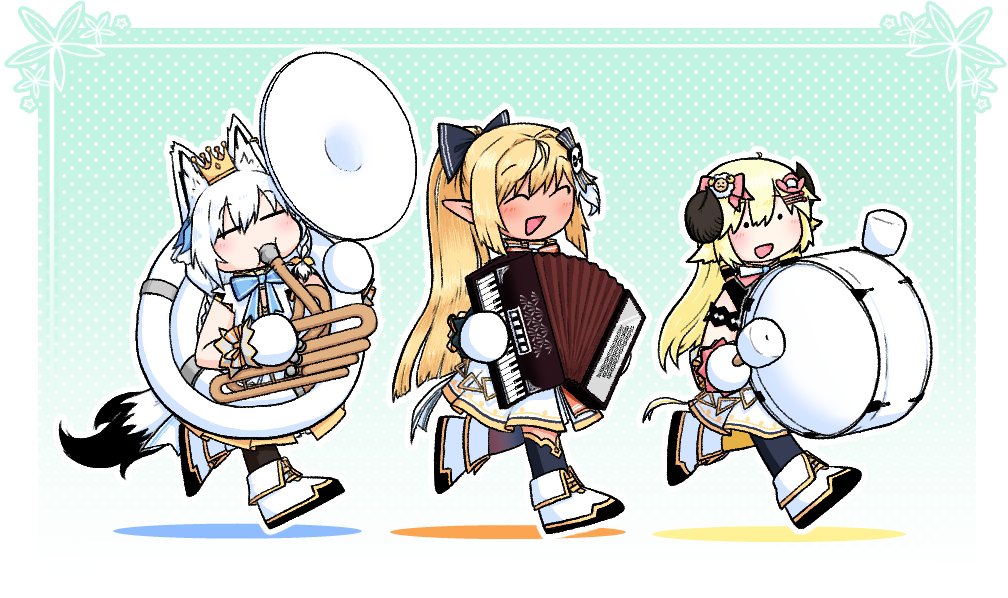 3girls animal_ears bangs blonde_hair blush bow braid can_robo28 commentary_request crown drum earrings eyebrows_visible_through_hair fox_ears fox_girl fox_tail hair_between_eyes hair_bow hair_ornament hololive hololive_idol_uniform horns idol instrument jewelry long_hair mini_crown multiple_girls music open_mouth playing_instrument pointy_ears ponytail sheep_girl sheep_horns shirakami_fubuki shiranui_flare sidelocks single_braid smile sousaphone tail tsunomaki_watame virtual_youtuber walking white_hair xylophone