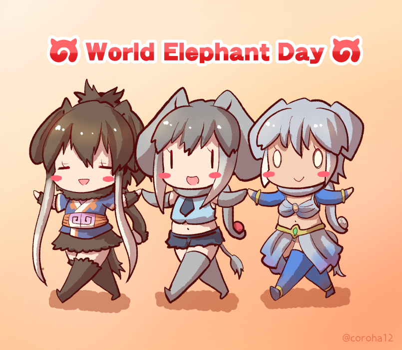 0_0 3girls african_elephant_(kemono_friends) animal_ears bikini blush_stickers brown_hair chibi closed_mouth coroha cropped_shirt detached_sleeves elbow_gloves elephant_ears elephant_girl elephant_tail english_text full_body gloves grey_hair holding holding_weapon indian_elephant_(kemono_friends) japari_symbol kemono_friends mammoth_(kemono_friends) midriff multicolored_hair multiple_girls navel necktie open_mouth outstretched_arms scarf shirt shorts side-by-side skirt sleeveless sleeveless_shirt smile spread_arms stomach swimsuit tail tan thighhighs twitter_username two-tone_hair walking weapon white_hair zettai_ryouiki |_|