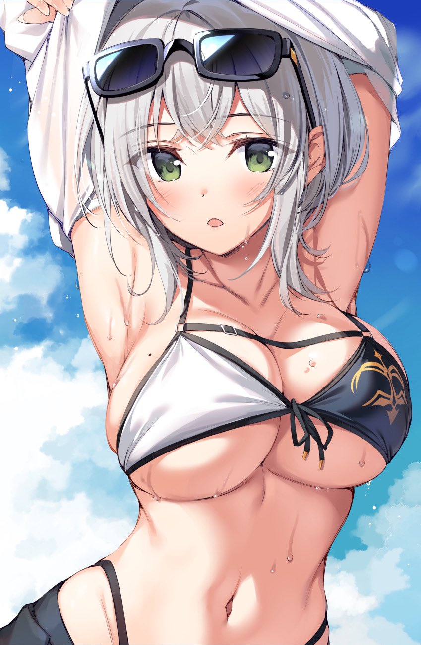 1girl armpits arms_up bikini black-framed_eyewear breasts cleavage cloud collarbone commentary_request eyewear_on_head front-tie_bikini front-tie_top green_eyes highleg highres hololive large_breasts looking_at_viewer mole mole_on_breast navel open_mouth oryou shirogane_noel shirt short_hair solo stomach string_bikini sunglasses swimsuit two-tone_bikini undressing upper_body virtual_youtuber wet white_hair white_shirt
